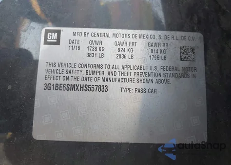 2017 Chevrolet Cruze Lt Auto z USA, uszkodzony, nr VIN 3G1BE6SMXHS557833